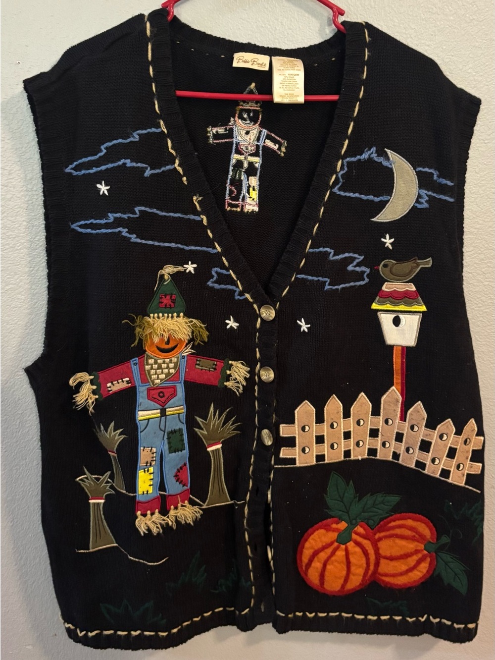 Vintage Bobbie Brooks Fall Scarecrow Pumpkin Sweater Vest 18W/20W Black